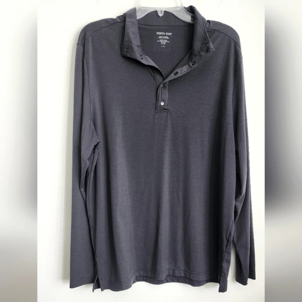 North End Polo Shirt Men's Size L Gray Long Sleeve Pullover 1/4 Snap